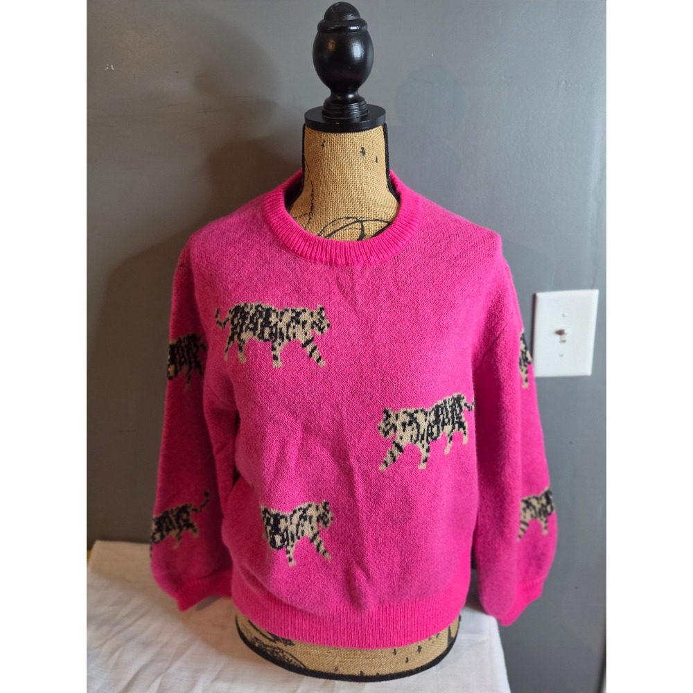 Hot Pink Tiger Print Knit Sweater Crewneck Pullover Small